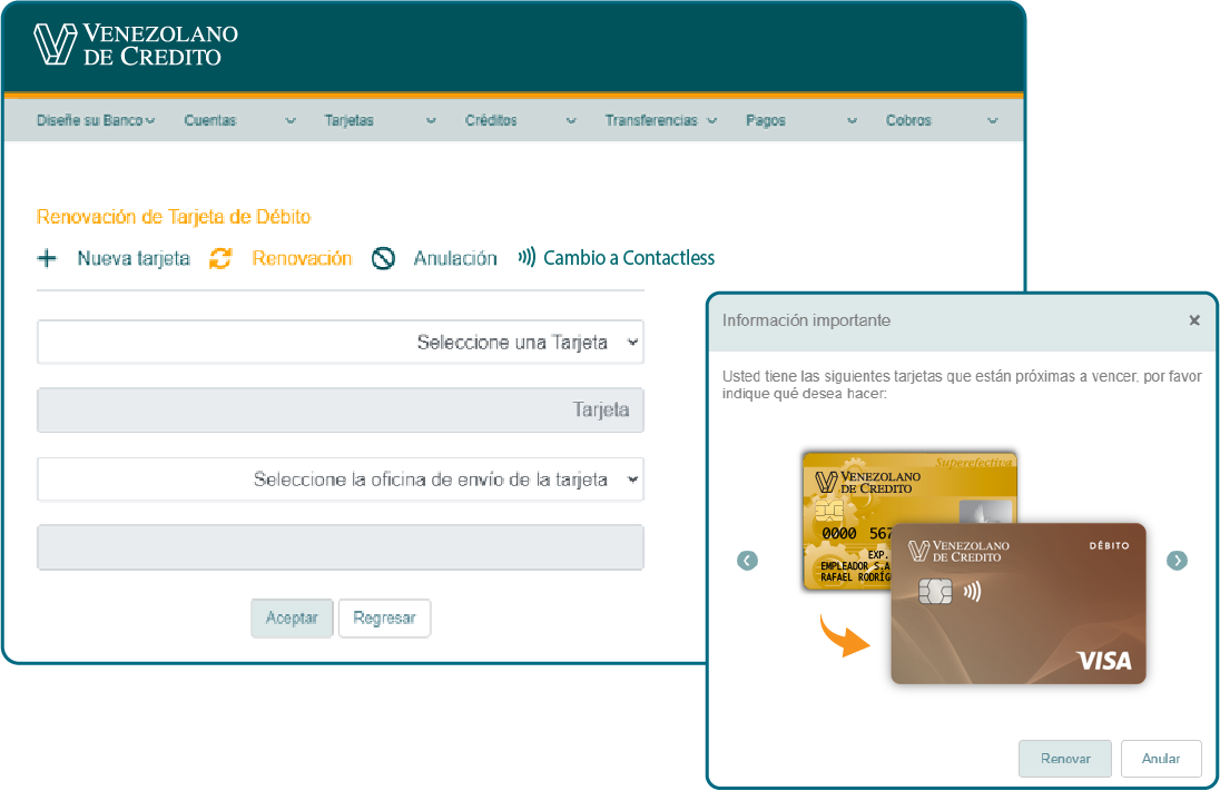 Pantallas del menú para Renvoación de Tarjetas de Débito