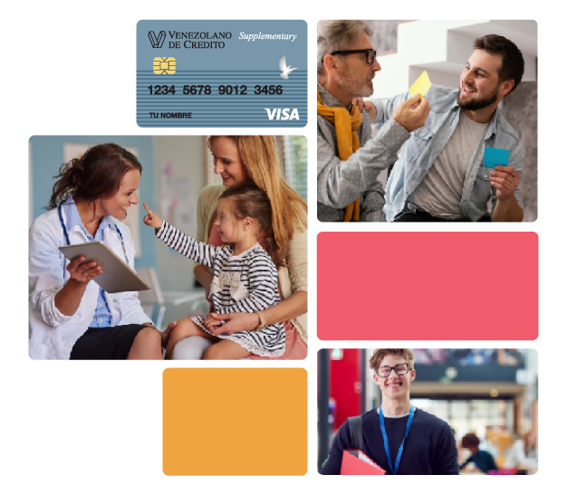 Imágenes de Visa CheckCard Supplementary; hijo con papá mayor; mamá con hija en consulta médica; muchacho universitario