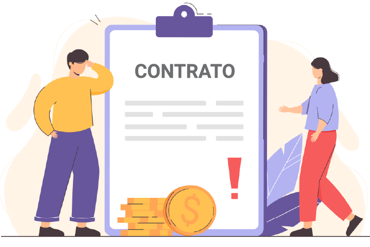 Consejos para entender los términos y condiciones de un contrato bancario Viñeta de Hombre y mujer con gestos de preocupación revisan contrato resaltando una cláusula con un signo de admiracióne