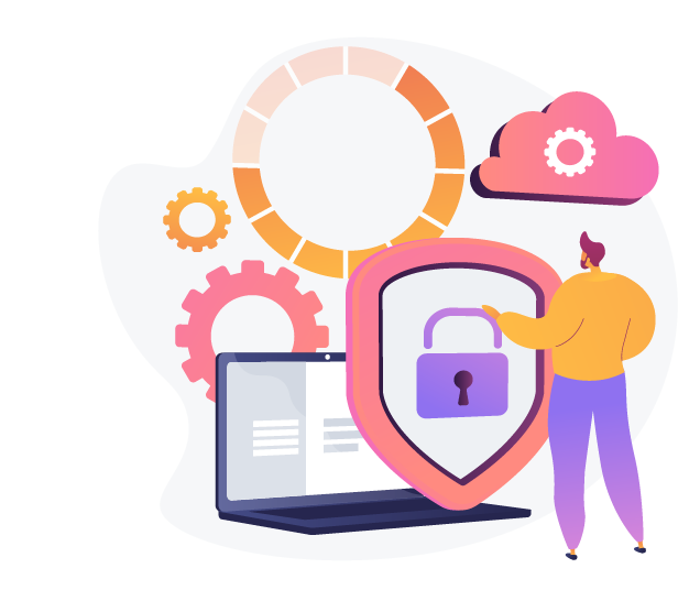 Gráfica de hombre tocando ícono de candado frente a laptop, con otros elementos y preguntas de seguridad en línea