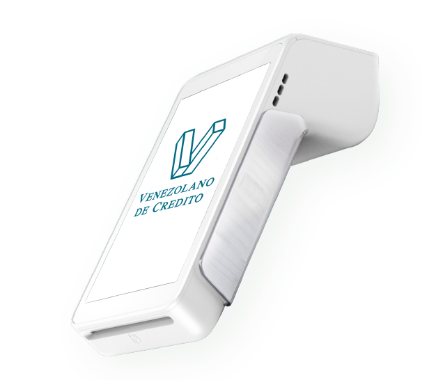 Punto de venta contactless color blanco, con logo del Venezolano de Crédito en pantalla