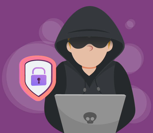 ¿Qué tan segura es tu contraseña realmente? Ilustración de un hacker encapuchado y con lentes, usando una laptop, junto a un ícono de escudo con candado