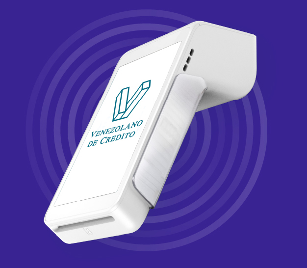 Punto de venta con tecnología Contactless, pantalla con logotipo del Venezolano de Crédito, sobre fondo color morado