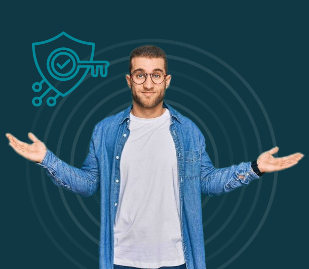 Hombre con lentes gesticulando con los brazos abiertos, rodeado de íconos que representan seguridad y claves de acceso en la banca en línea 
