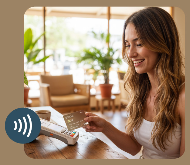 Mujer de cabello largo paga con Visa Débito Corporativa Contactless del Venezolano de Crédito, acercándola al punto de venta