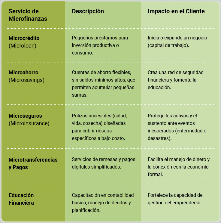 Tabla descriptiva de los servicios que componen el ecosistema de las microfinanzas y su impacto en el Cliente